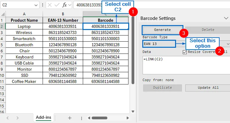 Use External Add-ins to Generate EAN-13 Barcode
