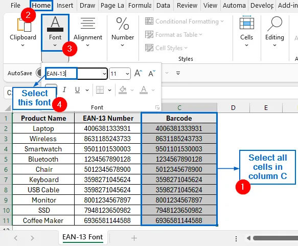 Install an External Font to Generate EAN-13 Barcode