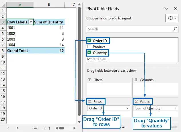 Use Pivot Table to Combine Rows by Summing Quantities