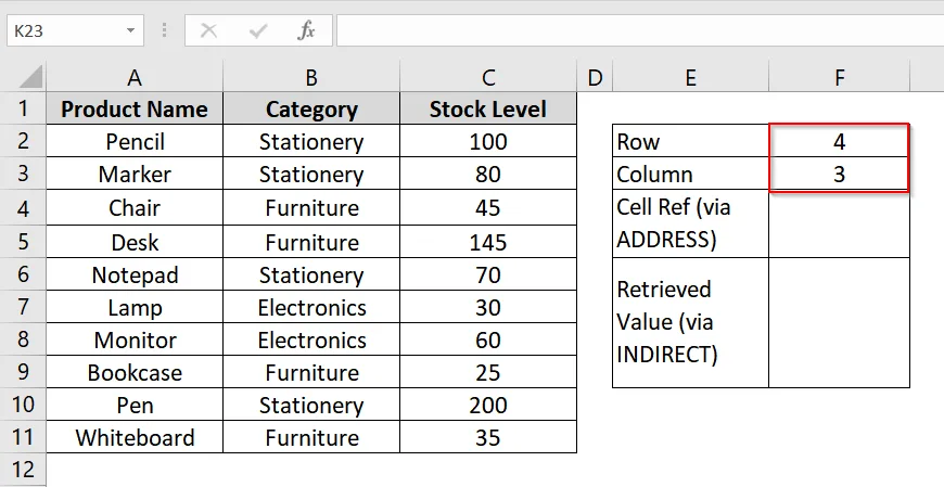 Get a Value Based on Row and Column Numbers in Excel