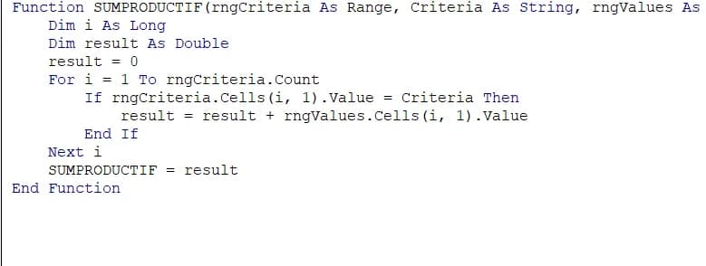 Custom SUMPRODUCT + IF Formula with VBA