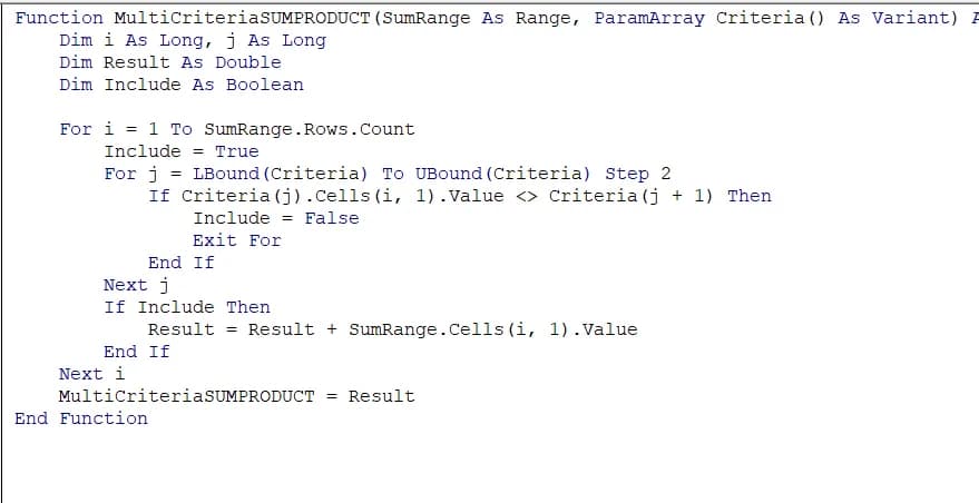 VBA Function for SUMPRODUCT with Multiple Conditions