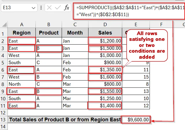 SUMPRODUCT with Multiple Criteria Using OR Conditions