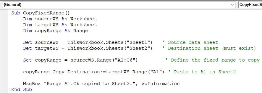 Copy a Fixed Range to Another Sheet Using Excel VBA
