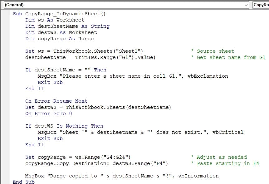 Copy a Range to a Sheet Specified by the User