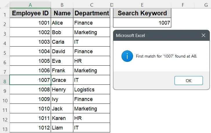 Find the First Match in a Column Using Range.Find