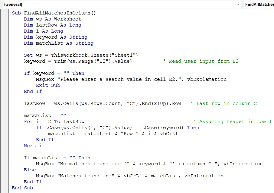 Search for All Matches in a Column Using a Loop