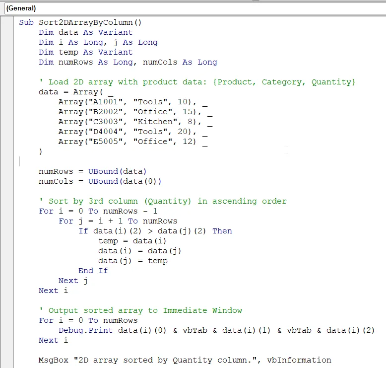 Sort a 2D Array by Specific Column Using VBA