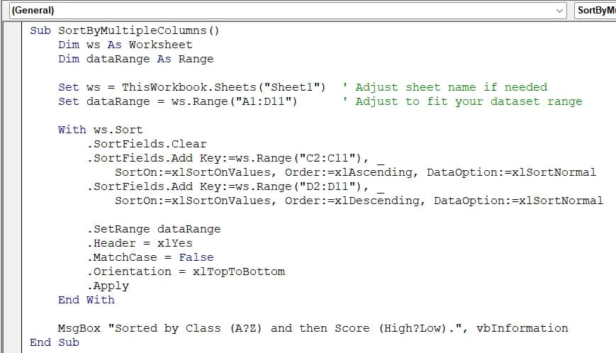 Sorting Multiple Columns Using VBA