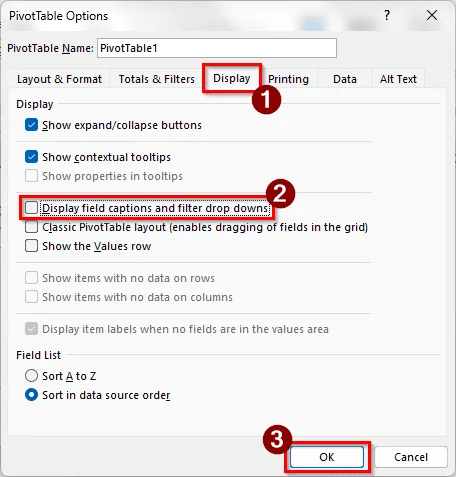 Disabling Field Captions and Filter Dropdowns to Hide Filter Arrows