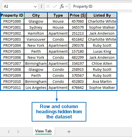 Hide Row and Column Headings Using the View Tab Option