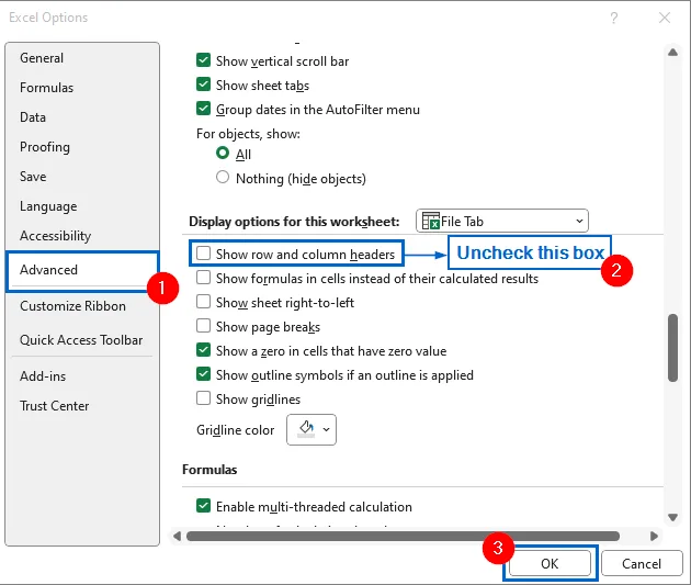 Use File Settings for Hiding Row and Column Headings