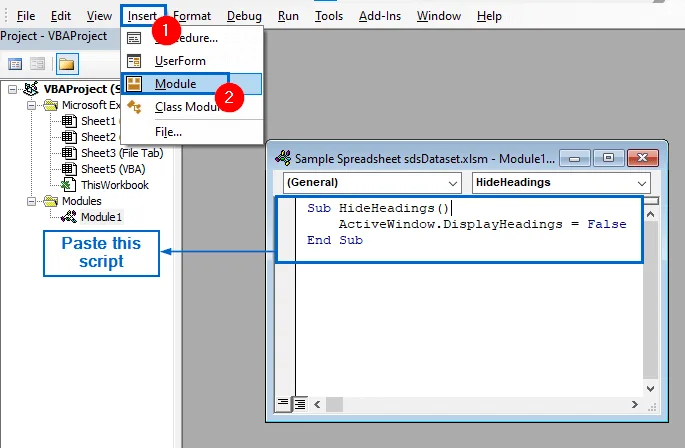 Automatically Hide Row and Column Headings Using VBA Editor
