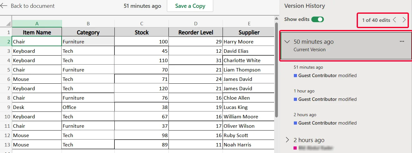 Apply the Version History Feature to Check Snapshot of All Edits