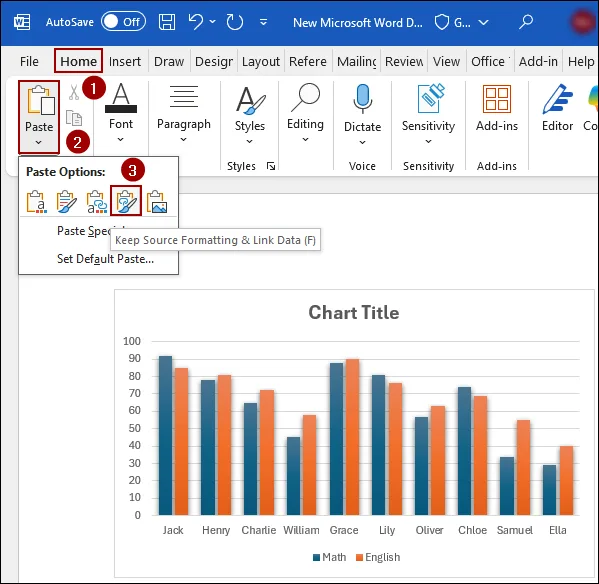 Using Paste Option to Copy a Chart from Excel to Word