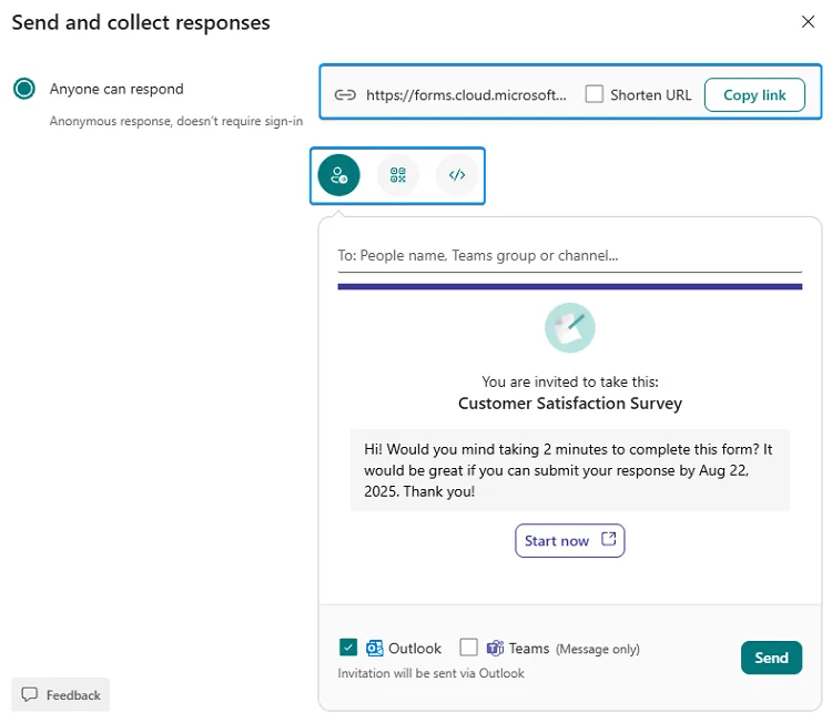 Options for collecting responses via email, QR code, etc.