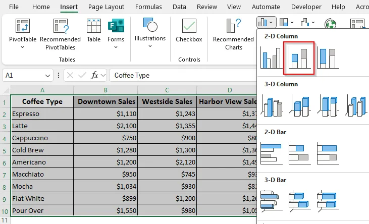 Creating a 2-D Standard Stacked Column Chart