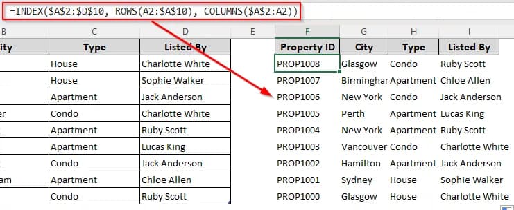 Combining the INDEX, ROWS, and COLUMNS Functions to Invert Table Data Order