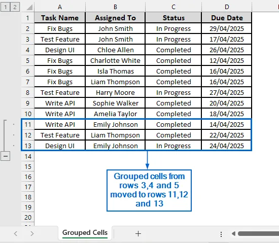 Reposition Grouped Rows Within the Worksheet
