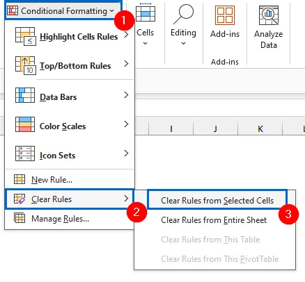 Using the Clear Rules Tool from the Conditional Formatting Menu