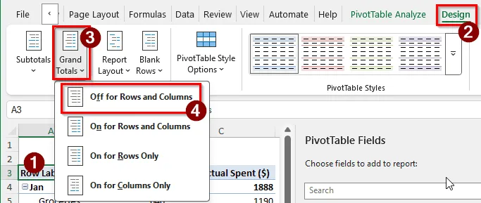 Remove Grand Total from Pivot Table Using the Design Tab