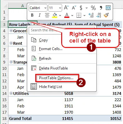 Use the PivotTable Options to Remove Grand Total
