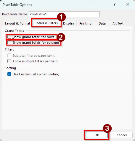 Use the PivotTable Options to Remove Grand Total