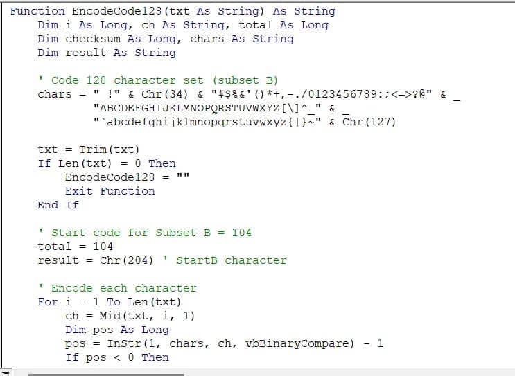 Use VBA to Encode Code 128 Barcode Font