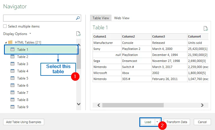 Import Table Using the Data Tab
