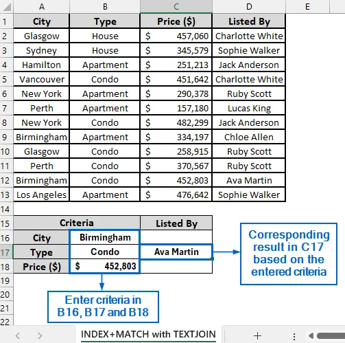 Combine TEXTJOIN with INDEX and MATCH for Multi-Criteria Search
