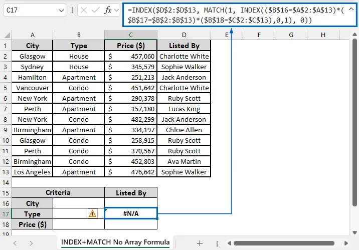 INDEX MATCH Without Array Formula