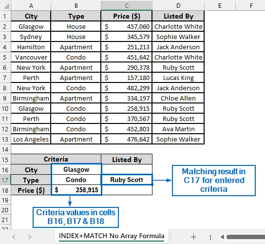 INDEX MATCH Without Array Formula