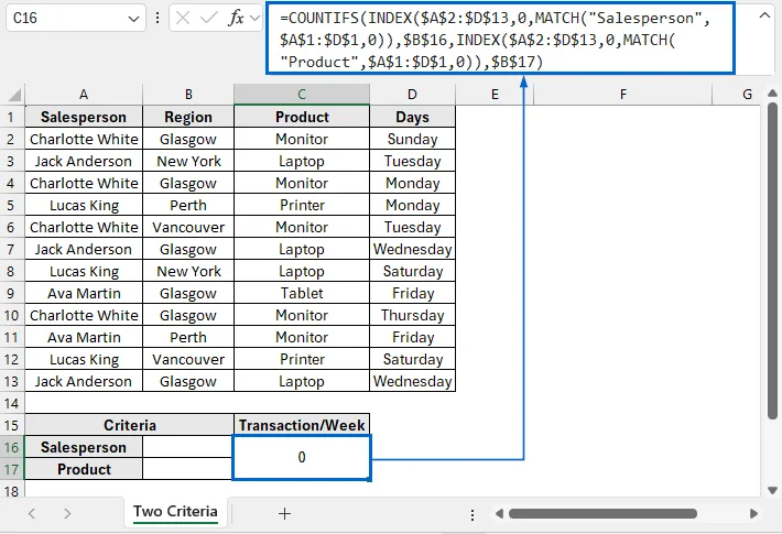 Combine INDEX-MATCH with COUNTIF for Two Criteria Lookup