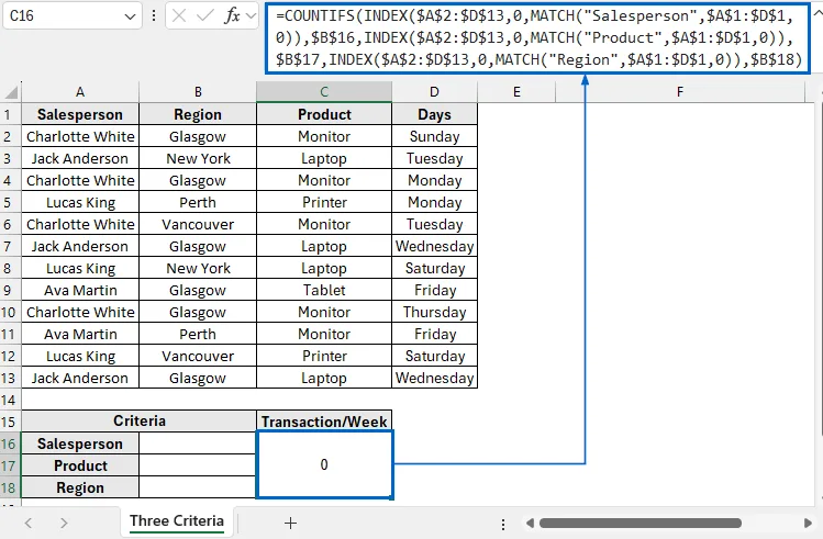 Combine INDEX-MATCH with COUNTIF for Three Criteria Lookup