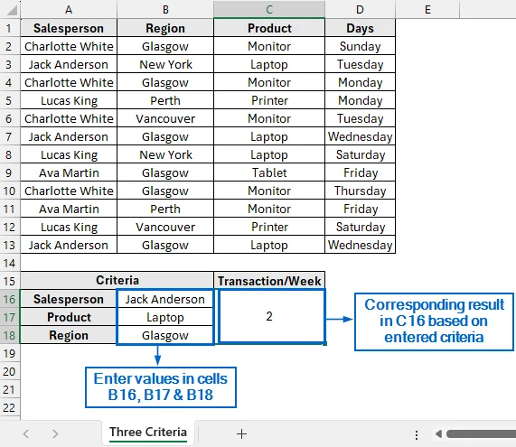 Combine INDEX-MATCH with COUNTIF for Three Criteria Lookup