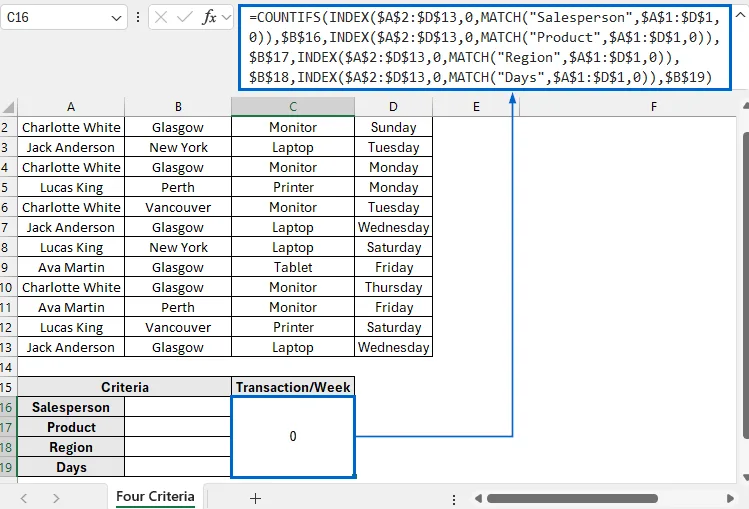Combine INDEX-MATCH with COUNTIF for Four Criteria Lookup