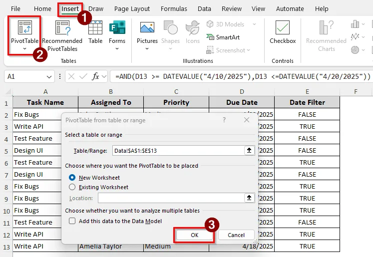 Changing the Source Dataset to Filter the Date Range in the Pivot Table
