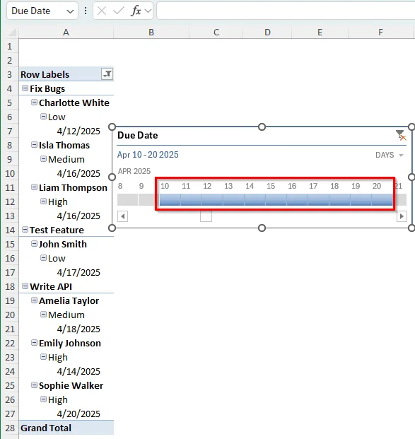 Filtering Date Range Using the Timeline