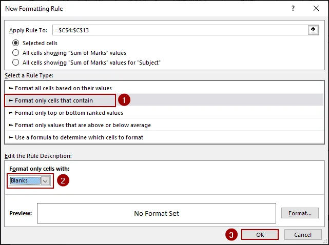Adding New Rule to Remove Conditional Formatting from Blank Cells