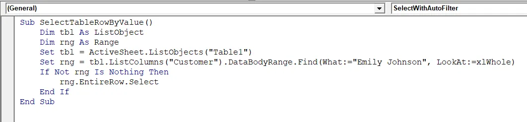 Select a Range in an Excel Table (ListObject) by Cell Value
