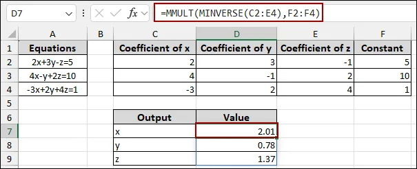Solving Linear Equations Using MINVERSE and MMULT Functions in Excel