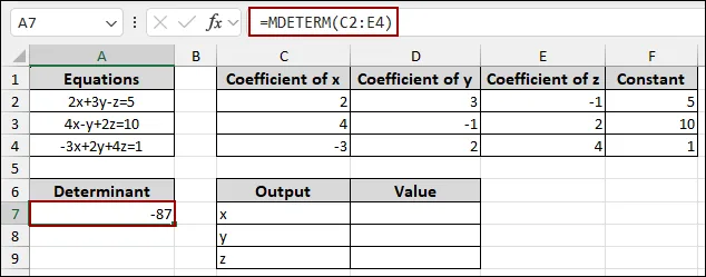 Applying Cramer’s Rule to Solve 3 Equations in Excel