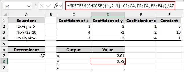 Applying Cramer’s Rule to Solve 3 Equations in Excel