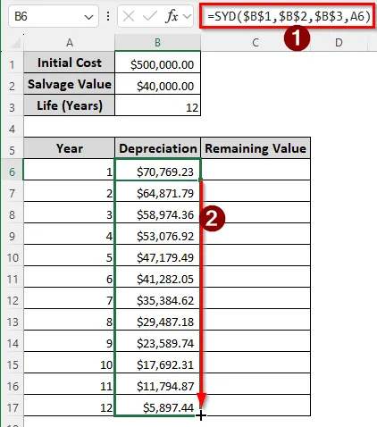 Using the SYD Function to Calculate the Depreciation in Excel