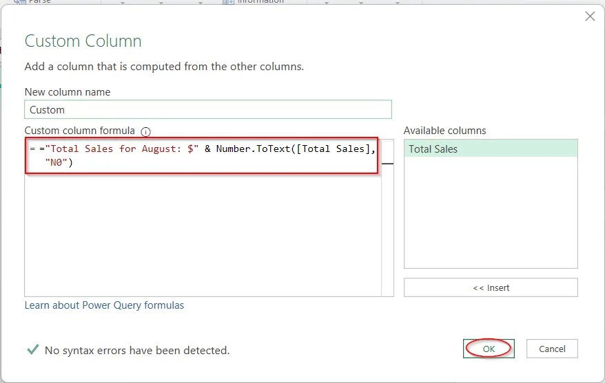 Add Texts and Formula Results Using Power Query
