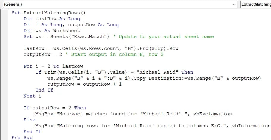 Extract Data Based on an Exact Match Using VBA