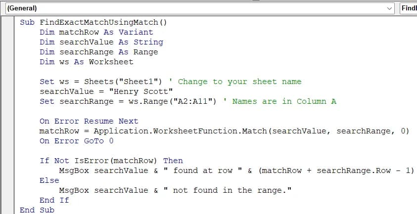 Use WorksheetFunction.Match to Find an Exact Match in VBA
