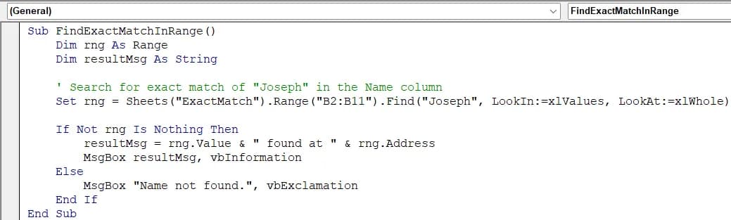 Find an Exact Match in a Range Using VBA (with Message Box Output)