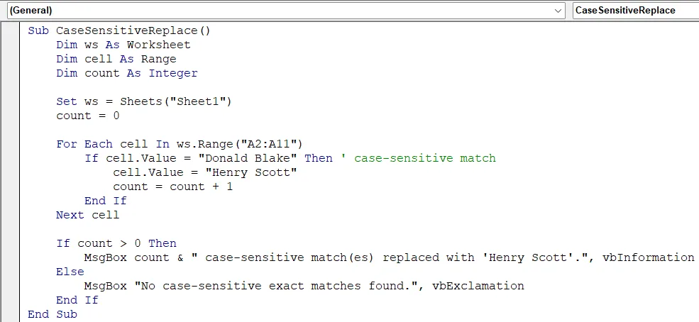 Perform a Case-Sensitive Exact Match and Replace in VBA