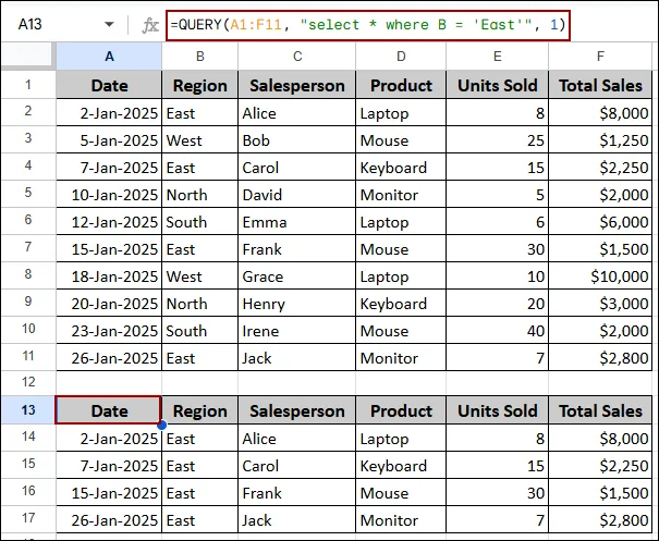 Applying QUERY Function to Filter Data Using Conditions